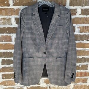 Banana Republic Blazer Size 12 Long Lean Jacket Plaid Gray Pink Wool Blend New‎